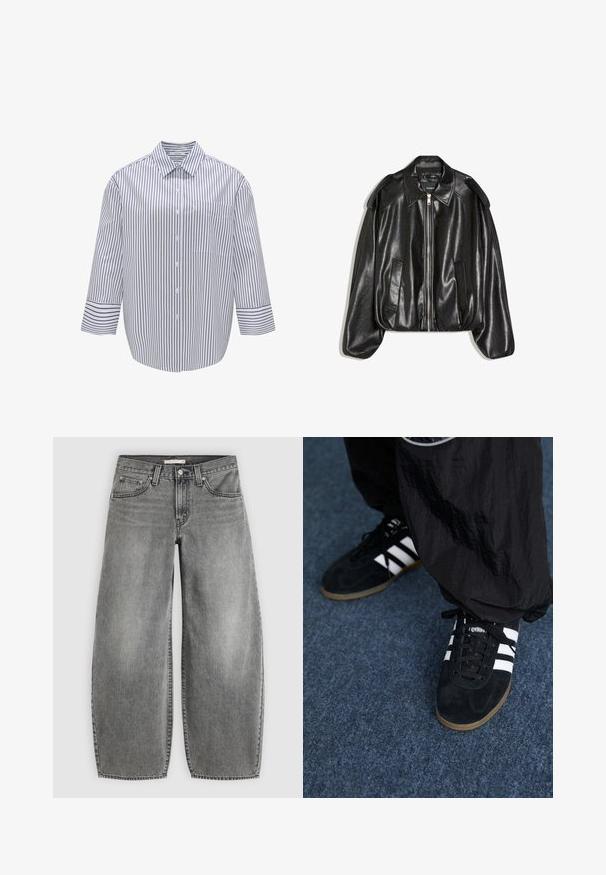 Schwarze Lederjacke mit einem strukturierten Kragen, Reißverschluss vorne und zwei Seitentaschen. Hat eine lockere Passform und Akzente an den Schultern. Glatte Textur.; Gestreiftes Hemd mit Kragen, weißer Grundfarbe und dunkelblauen vertikalen Streifen. Verfügt über eine Brusttasche und breite, dreiviertellange Ärmel.; Weit geschnittene graue Jeans aus Denim mit Vorderknopf und Reißverschluss, Gürtelschlaufen und Fünf-Taschen-Design auf einfachem Hintergrund.; Schwarze Wildleder-Sportschuhe mit drei weißen Streifen und schwarzen Schnürsenkeln. Eine strukturierte schwarze Hose ist teilweise neben den Schuhen sichtbar.