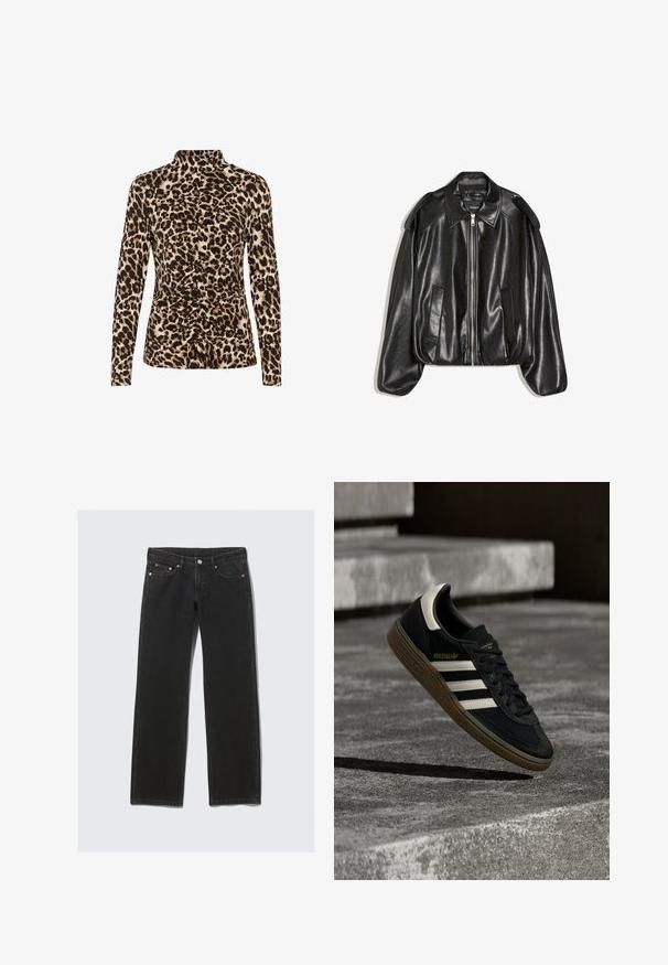 Sort læderjakke med en struktureret krave, lynlås foran og to sidelommer. Har en løs pasform og skulderaccents. Glat tekstur.; Langærmet top med høj krave, leopardprint i brune og beige nuancer, og med rynkedetaljer foran for formgivning.; Sorte straight-leg denim jeans med fem lommer, knaplukning og bæltestropper, vist fladt på en lys baggrund.; Sort Adidas-sneaker med hvide striber og gummisåler, svævende over grå betontrapper i naturligt lys.