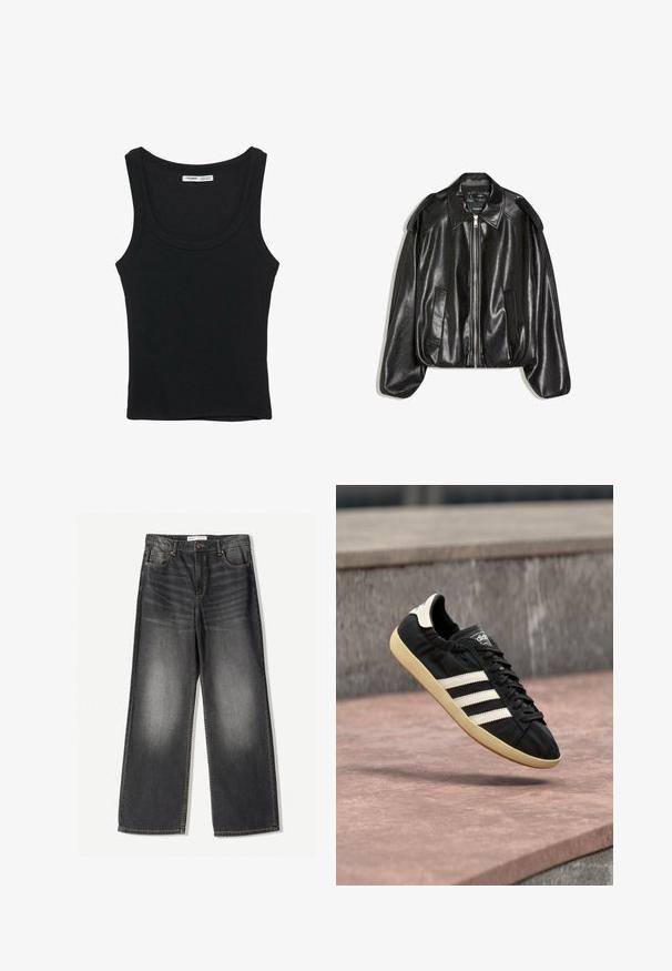 Veste en cuir noir avec un col structuré, fermeture éclair à l'avant et deux poches latérales. Présente une coupe décontractée et des accents aux épaules. Texture lisse.; Débardeur noir côtelé sans manches avec un col rond et un ourlet droit, étiquette à l'intérieur du dos du cou.; Jean large gris foncé en denim, comprenant cinq poches, une fermeture éclair à l'avant et des coutures contrastantes le long des coutures.; Baskets Adidas noires avec des bandes blanches et une semelle beige, capturées en plein air au-dessus d'une surface en pierre et d'un mur en pierre en arrière-plan.