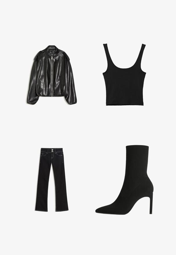 Sort læderjakke med en struktureret krave, lynlås foran og to sidelommer. Har en løs pasform og skulderaccents. Glat tekstur.; Sort cropped tank top med brede skulderstropper, lavet i blødt materiale, med en glat tekstur og et minimalistisk design.; Sorte denimjeans med høj talje, dobbelte sølvknapper, lommer foran og bagpå samt hvid kontrastsyning.; Sort ankelstøvle fremstillet af blødt suede, med spids tå og høj stilettohæl. Minimalistisk design uden synligt hardware eller mønstre.