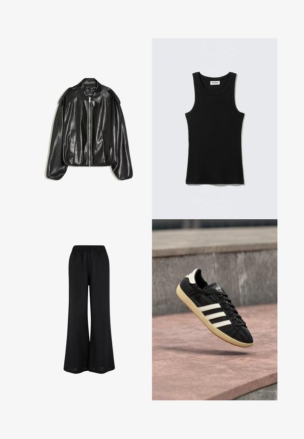 Veste en cuir noir avec un col structuré, fermeture éclair à l'avant et deux poches latérales. Présente une coupe décontractée et des accents aux épaules. Texture lisse.; Débardeur noir en coton, avec un col rond et des bretelles étroites. Design simple, sans motifs ni accents visibles.; Pantalons larges noirs en tissu léger. Dotés d'une taille élastique et d'un design fluide atteignant le sol.; Baskets Adidas noires avec des bandes blanches et une semelle beige, capturées en plein air au-dessus d'une surface en pierre et d'un mur en pierre en arrière-plan.