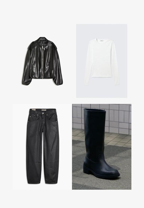 Veste en cuir noir avec un col structuré, fermeture éclair à l'avant et deux poches latérales. Présente une coupe décontractée et des accents aux épaules. Texture lisse.; T-shirt blanc uni à manches longues avec col rond et coupe slim, présenté sur un fond gris clair.; Jean en denim noir avec une coupe large, dotés de poches avant, d'une fermeture à bouton et d'une texture lisse. Le tissu semble robuste.; Botte haute en cuir noir avec un talon bas et épais, posée sur le trottoir près d’un mur carrelé en arrière-plan.