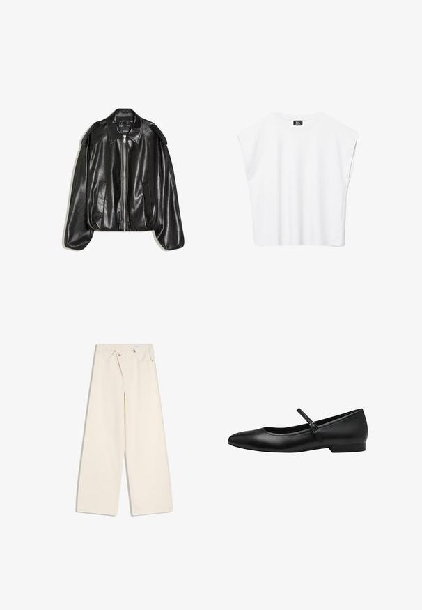 Sort læderjakke med en struktureret krave, lynlås foran og to sidelommer. Har en løs pasform og skulderaccents. Glat tekstur.; Hvid ærmeløs crop top med rund halsudskæring, brede skuldre og sort "B6"-label indvendigt i kraven.; Off-white bukser med vidde i benene, foranlommer, bærestropper og sølvknapper på linningen og lommekanter.; Sorte læder balletflade med rund tå, en enkelt rem over vristen og en lav, rektangulær hæl. Glat tekstur.