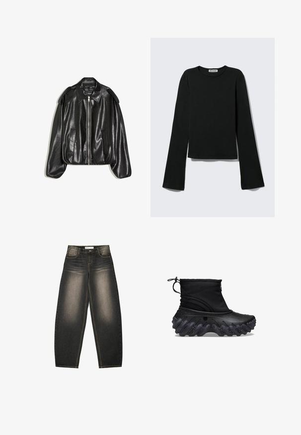 Schwarze Lederjacke mit einem strukturierten Kragen, Reißverschluss vorne und zwei Seitentaschen. Hat eine lockere Passform und Akzente an den Schultern. Glatte Textur.; Schwarzes Langarmshirt mit Rundhalsausschnitt, figurbetonter Silhouette und leicht ausgestellten Ärmeln, gekennzeichnet mit einem "Weekday" Markenetikett im Nacken.; Graue Denim-Jeans mit weitem Bein und leichter Ausbleichung, fünf Taschen, kontrastierenden Nähten und einer lockeren Passform. Keine sichtbaren Muster oder Verzierungen.; Schwarze Knöchelboots mit einem weichen Textiloberteil und einer strukturierten, welligen Gummisohle. Mit einem Reißverschluss und einem verstellbaren Kordelzug für einen sicheren Sitz.