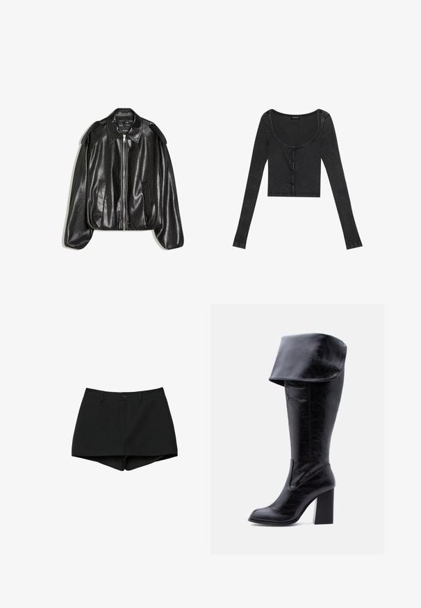 Veste en cuir noir avec un col structuré, fermeture éclair à l'avant et deux poches latérales. Présente une coupe décontractée et des accents aux épaules. Texture lisse.; Haut cropped noir à manches longues, avec un décolleté en scoop, fermeture à boutons à l'avant et tissu texturé. Présente des rayures verticales subtiles.; Shorts noirs taille haute avec passants de ceinture, fermeture à bouton et zip caché, conçus avec un ourlet légèrement courbé.; Botte haute en cuir noir avec talon, bord plié et bout arrondi, debout sur un fond blanc.