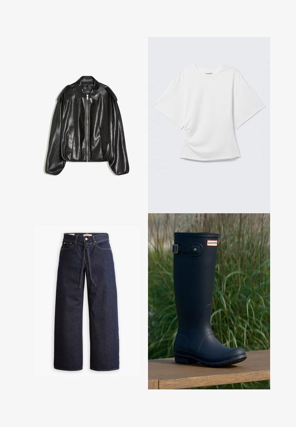 Zwarte leren jas met een gestructureerde kraag, ritssluiting aan de voorkant en twee zijzakken. Heeft een losse pasvorm en schouderaccenten. Gladde textuur.; Wit oversized T-shirt met korte mouwen en ronde hals, weergegeven op een lichtgrijze achtergrond.; Wijd pijpjes donkerblauwe denim jeans met een hoge taille, voorzien van een trekkoord, vijf zakken en contrasterende stiksels.; Marine rubber regenlaars met een ronde neus, gestructureerd oppervlak, verstelbare gesp detail en Hunter logo nabij de bovenkant. Stabiele profielzool.