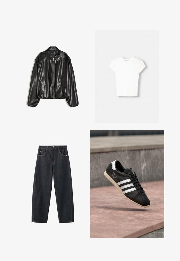 Veste en cuir noir avec un col structuré, fermeture éclair à l'avant et deux poches latérales. Présente une coupe décontractée et des accents aux épaules. Texture lisse.; T-shirt blanc à manches courtes en coton doux, avec un col rond et une coupe ajustée. Pas de motifs ni d'ornements visibles.; Jean en denim bleu foncé à jambes larges avec cinq poches et coutures contrastantes, présenté à plat sur un fond blanc.; Baskets en cuir noir avec des rayures blanches et une semelle blanche, lacées, flottant au-dessus d'une surface en béton rosée avec un mur en pierre grise en arrière-plan.