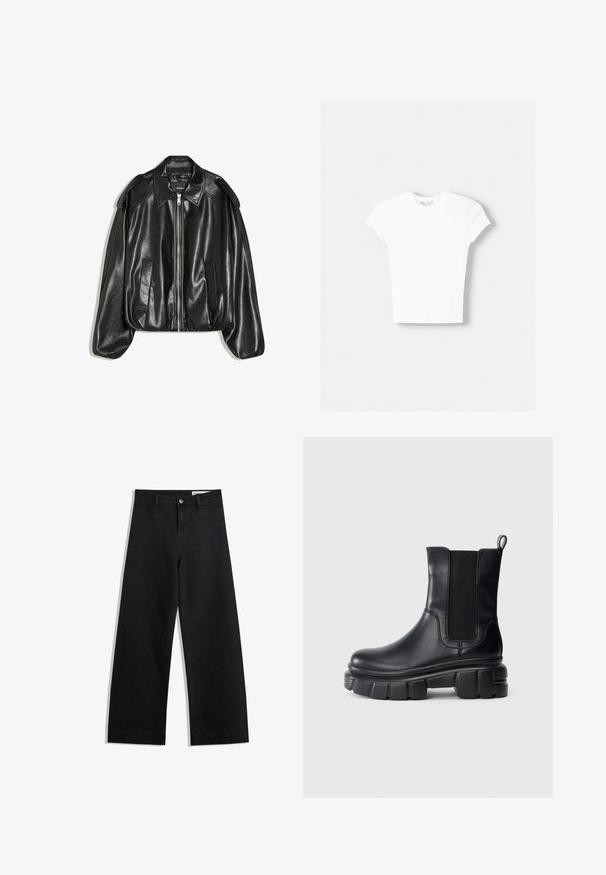 Schwarze Lederjacke mit einem strukturierten Kragen, Reißverschluss vorne und zwei Seitentaschen. Hat eine lockere Passform und Akzente an den Schultern. Glatte Textur.; Weißes kurzärmliges T-Shirt aus weicher Baumwolle, mit Rundhalsausschnitt und figurbetonter Form. Keine sichtbaren Muster oder Verzierungen.; Schwarze weit geschnittene Jeans mit hoher Taille, ausgestattet mit Vorder- und Hintertaschen, gesteppten Nähten und einem Knopfverschluss. Glatte Textur.; Schwarze Chelsea-Stiefel aus Leder mit robuster Profilsohle, elastischen Seitenteilen und Zugschlaufe hinten vor einem schlichten weißen Hintergrund.