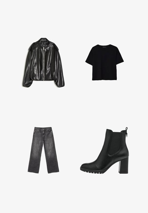 Schwarze Lederjacke mit einem strukturierten Kragen, Reißverschluss vorne und zwei Seitentaschen. Hat eine lockere Passform und Akzente an den Schultern. Glatte Textur.; Schwarzes, kurzärmeliges, bauchfreies T-Shirt mit rundem Halsausschnitt und einfachem Design, flach auf weißem Hintergrund liegend.; Dunkelgraue weite Jeans aus Denim mit Vorder- und Hintertaschen, Knopfverschluss und dezentem, ausgewaschenem Detail.; Tamaris CHELSEA - Plateaustiefelette - black