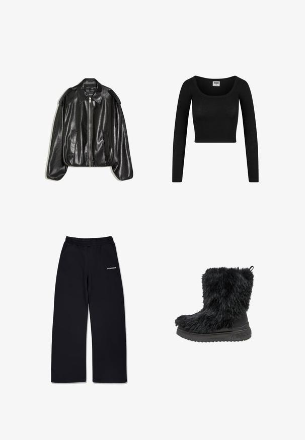 Schwarze Lederjacke mit einem strukturierten Kragen, Reißverschluss vorne und zwei Seitentaschen. Hat eine lockere Passform und Akzente an den Schultern. Glatte Textur.; Schwarzes langärmliges Cropped-Top mit einem runden Ausschnitt, aus geripptem Stoff gefertigt. Hat eine figurbetonte Silhouette und eine weiche Textur.; Schwarze Jogginghose mit elastischem Bund, ausgestattet mit Seitentaschen und einem kleinen weißen Logo auf der linken Seite. Weicher Stoff, gerade Beinform.; Schwarze Kunstfell-Ankle-Boots mit einer dicken schwarzen Gummisohle und strukturiertem Obermaterial. Verfügt über eine Zuglasche auf der Rückseite für ein einfaches Anziehen.