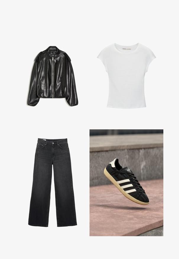 Zwarte leren jas met een gestructureerde kraag, ritssluiting aan de voorkant en twee zijzakken. Heeft een losse pasvorm en schouderaccenten. Gladde textuur.; Witte katoenen T-shirt met korte, opgerolde mouwen, een ronde halslijn en een rechte zoom. Gladde textuur zonder zichtbare patronen of accenten.; Zwarte jeans met brede pijpen, hoge taille, sluiting met knopen en rits aan de voorkant, riemlussen en een ontwerp met vijf zakken.; Zwarte Adidas sneaker met witte strepen en beige zool, vastgelegd in de lucht boven een stenen oppervlak en een stenen muur op de achtergrond.