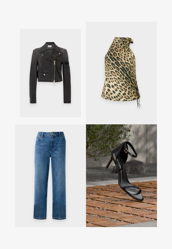 Sort cropped denim bikerjakke med brede revers, asymmetrisk guldlynlås, frontklaplomme og sidelomme med lynlås.; Haleopardmønstret top med halterneck i blødt stof. Har en knytning ved halsen og dekorative snore i kanten. Farvepaletten inkluderer beige og mørkegrøn.; Blå høj talje jeans med lige ben, lavet af denim, med fem lommer og detaljer i guldtonet metal.; Sort højhælet sandal med ankelsnor, der ser ud til at svæve over et trægulv udendørs med sløret grønt og sten i baggrunden.