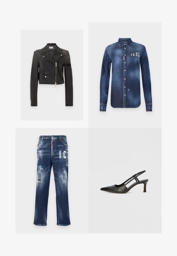 Sort cropped denim bikerjakke med brede revers, asymmetrisk guldlynlås, frontklaplomme og sidelomme med lynlås.; Denimskjorte i mørkeblå, med knap-ned design, bevaret slid, distressed detaljer og hvid "ICON" tekst på brystet.; Mørkeblå denimjeans med slidte lapper, lyse malingspletter og fed hvid tekst. Straight leg design med en klassisk pasform.; Sort læder slingback-sko med spids tå, der har en blank accent på tåhætten og en mellemhøj hæl. Åben sidesektion.