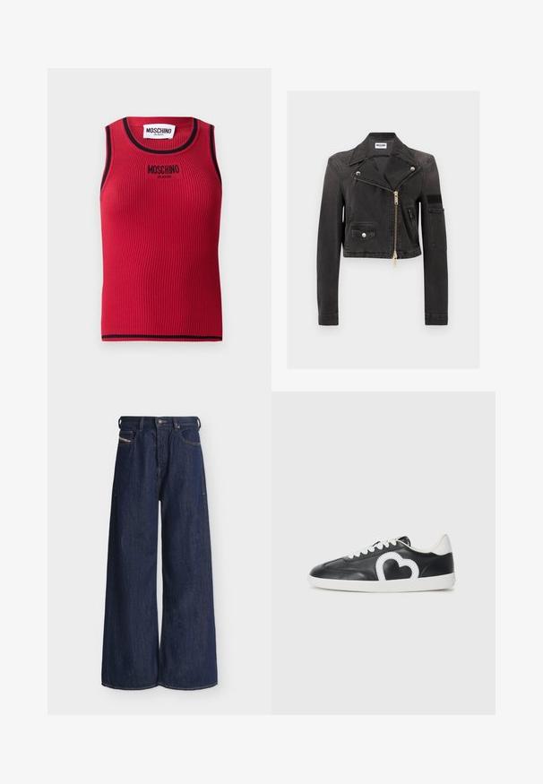 Veste biker en denim noir courte avec larges revers, fermeture éclair dorée asymétrique, poche à rabat sur le devant et poche zippée sur le côté.; Débardeur côtelé rouge avec bords noirs, arborant un logo "MOSCHINO JEANS" brodé sur le devant. Design sans manches, silhouette cintrée.; Jean denim bleu foncé à jambes larges avec bouton et fermeture éclair à l'avant, passants pour ceinture et style cinq poches.; Baskets basses noires avec lacets blancs, semelle blanche et un motif blanc en forme de cœur sur le côté.