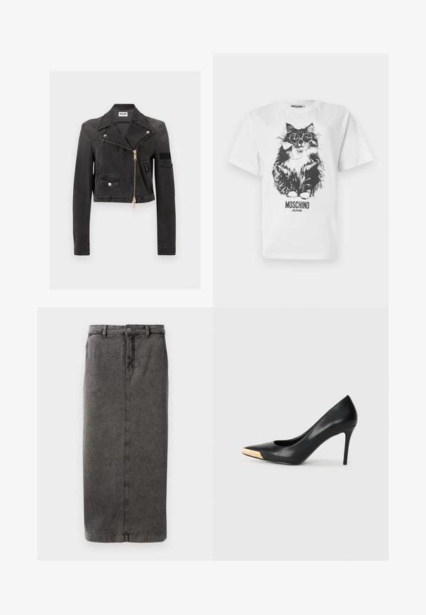 Schwarze, kurz geschnittene Denim-Bikerjacke mit breiten Revers, asymmetrischem goldfarbenem Reißverschluss, vorderer Klappentasche und seitlicher Reißverschlusstasche.; Weißes T-Shirt mit schwarzem Motiv einer flauschigen Katze, die runde Brillen und eine Schleife trägt, mit der Aufschrift "MOSCHINO JEANS" darunter.; Grauer, aus Baumwollmischung gefertigter Rock mit gerader Silhouette, Knopf- und Reißverschlussöffnung, Gürtelschlaufen und einer einzelnen Gesäßtasche.; Schwarzer Leder-Pumps mit hohen Absätzen und spitzem Zehenbereich; verfügt über einen metallisch goldenen Akzent auf der Zehenkappe. Glatte Oberfläche mit einem eleganten Design.
