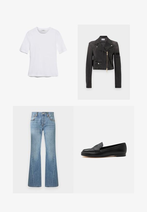 Sort cropped denim bikerjakke med brede revers, asymmetrisk guldlynlås, frontklaplomme og sidelomme med lynlås.; Hvid kortærmet t-shirt lavet af ribbet stof. Rund halsudskæring, almindelig pasform og subtile syninger. Ingen mønstre eller grafik.; Lyseblå denimjeans med høj talje, vide ben og nittebesætning langs forlommer og bæltestropper.; Sort læderloafer med lav hæl, syninger og en lille metallisk detalje på vristen.