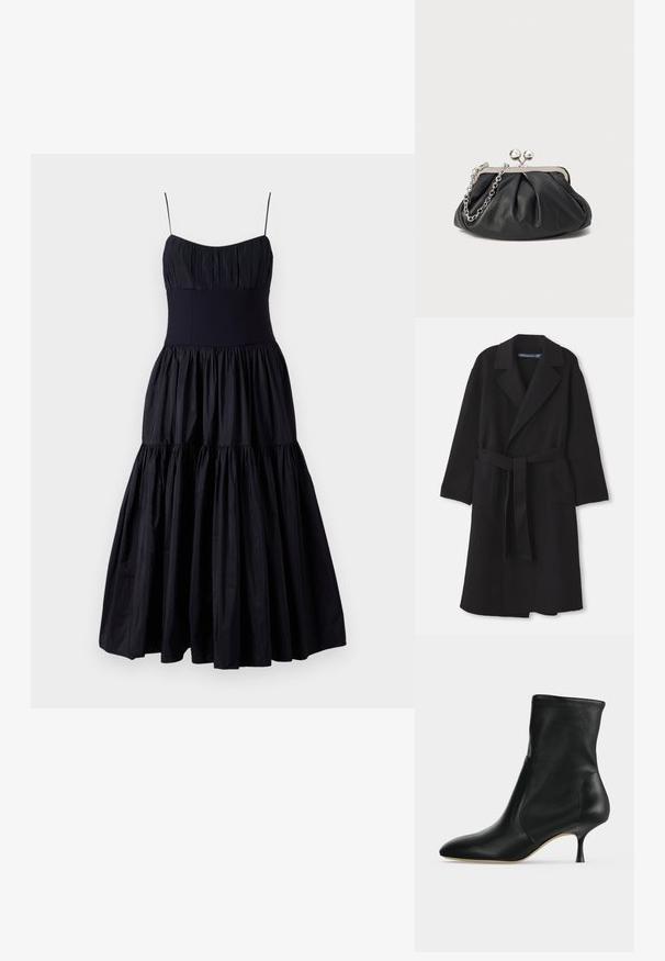 Zwarte wollen jas met een brede revers, een ceintuur in de taille, twee voorzakken en een ontspannen pasvorm met lange mouwen. Glad, gestructureerd textuur.; Cinq à Sept GINNY DRESS - Cocktailjurk - navy; Zwarte leren enkellaars met spitse neus en smalle hak van middelhoge hoogte, zijaanzicht op een lichte achtergrond.; Zwarte leren clutch met geplooide textuur, zilverkleurig metalen frame, drukknopsluiting en kettingriem. Glad, zacht oppervlak.