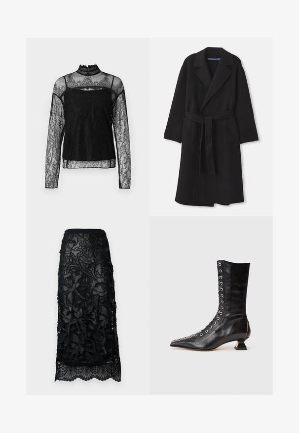 Manteau en laine noire avec un large col, taille ceinturée, deux poches avant et une coupe décontractée avec des manches longues. Texture lisse et structurée.; Haut en dentelle noir à manches longues avec col haut, motif floral complexe, tissu transparent et panneau solide sur la zone de la poitrine.; Jupe en dentelle noire avec une broderie florale délicate, une taille ajustée et un ourlet festonné. Superposition transparente avec des détails texturés.; Bottine noire en cuir avec un bout pointu, laçage à l'avant, œillets en métal, petit talon block et un design épuré. Texture lisse, silhouette moderne.