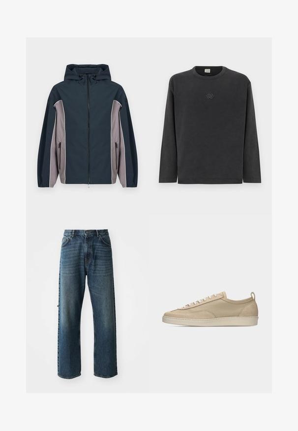 Veste à capuche bleu marine et grise avec fermeture éclair frontale, poches latérales zippées et poignets élastiques.; T-shirt à manches longues en gris foncé, fabriqué en coton doux, avec un logo brodé subtil sur la poitrine, un col rond et une coupe décontractée.; NN.07 OTIS - Jean droit - stonewashed; Baskets beige basses avec tige en tissu et daim, lacets blancs, semelle en caoutchouc et languette à l'arrière, présentées en profil latéral sur fond blanc.
