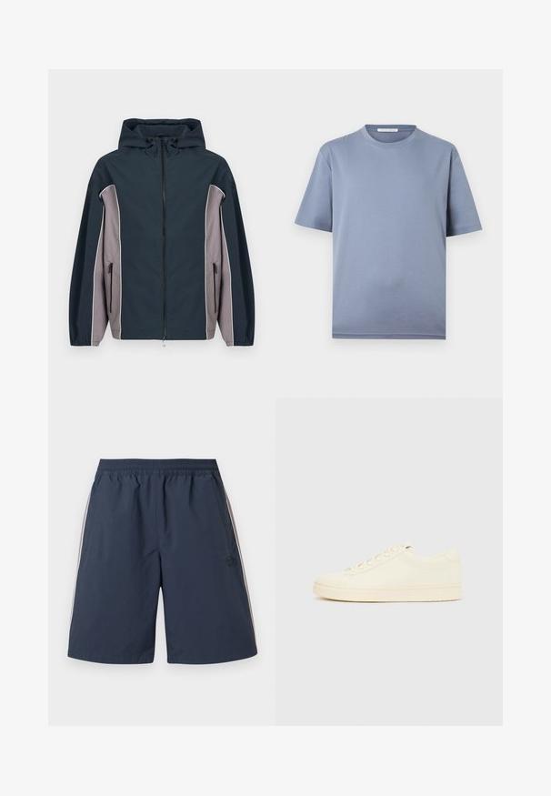 Veste à capuche bleu marine et grise avec fermeture éclair frontale, poches latérales zippées et poignets élastiques.; T-shirt à manches courtes et col rond uni bleu sourd, présenté en vue de face sur un fond blanc.; Shorts de sport bleu marine avec taille élastique, poches latérales et fines rayures blanches le long des côtés extérieurs.; Baskets couleur crème avec une tige en cuir lisse, bout arrondi, laçage à l'avant et semelle en caoutchouc texturée. Design minimaliste, sans logo.