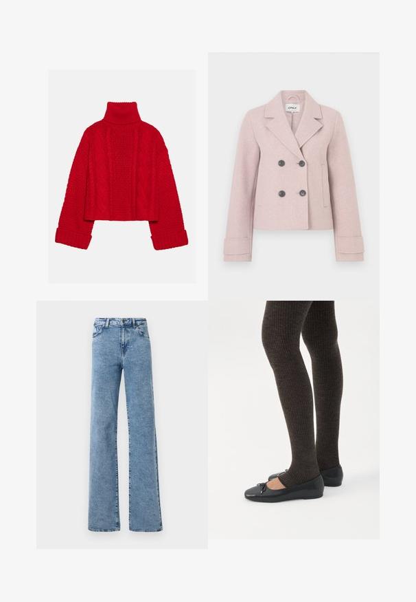 Lühike roosa kahekaraline jakk suurte mustade nööpidega, laia krae ja vormitud varrukatega. Valmistatud pehmest tekstuurse kangaga.; Even&Odd Džemper - red; Noisy May Straight fit NMYOLANDA - Wide leg - medium blue denim; Jalad seljas tumedad soonelises soonelises kombines mustade baleriinadega, millel on väikesed paelade detailid valgel taustal.