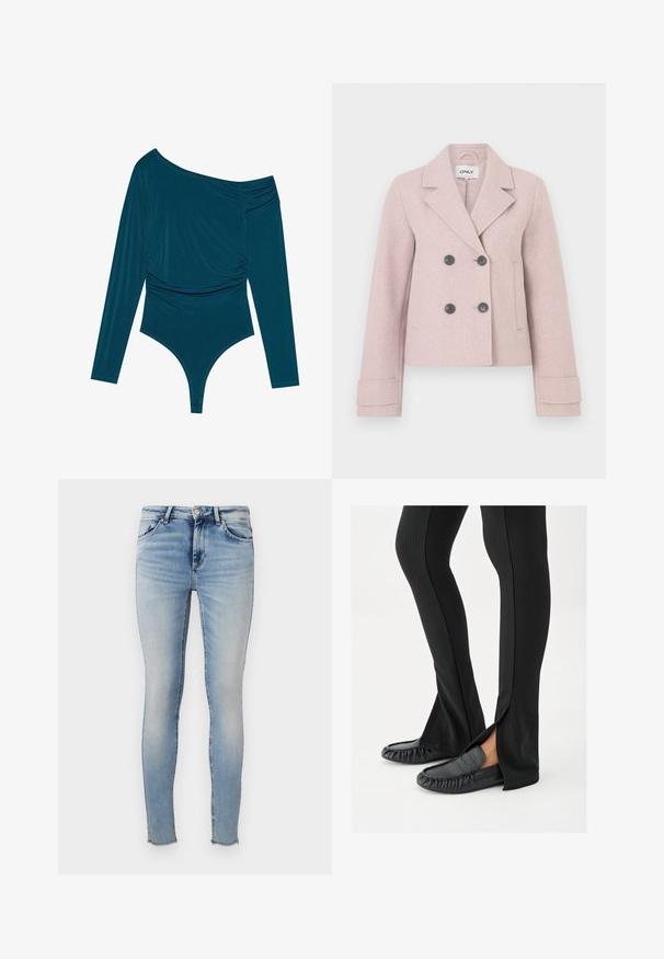 Kurze, rosafarbene Doppelreihjacke mit großen schwarzen Knöpfen, weitem Kragen und maßgeschneiderten Ärmeln. Hergestellt aus einem weichen, strukturierten Stoff.; Türauer Langarm-Bodysuit mit einem Schulterdesign, geraffter Textur auf einer Seite und glatter Oberfläche. Verfügt über einen Tanga-Schnitt am unteren Ende.; Helle blaue Skinny Jeans aus Denim, mit hoher Taille, fünf Taschen und fransigen Säumen. Glatte Textur mit einem ausgebleichten Finish.; Beine mit schwarzen, ausgestellten Hosen mit seitlichen Schlitzen, kombiniert mit schwarzen Leder-Mokassins auf weißem Hintergrund.