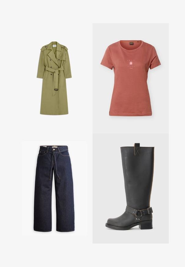 Lichtolijfgroene dubbelgeknoopte trenchcoat met een ceintuur in de taille, schouderepauletten en brede revers.; T-shirt met korte mouwen in roestkleur met een ronde hals en een kleine roze zonafbeelding met de tekst "AMAR EL SOL" op de borst.; Wijd pijpjes donkerblauwe denim jeans met een hoge taille, voorzien van een trekkoord, vijf zakken en contrasterende stiksels.; Zwarte leren knie- hoog laars met een gestructureerde afwerking, voorzien van een zijgesp accent en een lage hak. Gedetailleerde stiksels langs de naden.