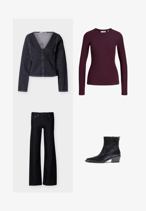 Dunkelblaue Jeansjacke in Cropped-Länge mit langen Ärmeln, V-Ausschnitt und Knopfleiste vorne. Verfügt über kontrastierende Nähte und eine figurbetonte Passform.; Langärmliges, figurbetontes, geripptes Top in Dunkellila mit rundem Ausschnitt und ohne sichtbare Knöpfe oder Muster.; Schwarze Jeans mit weitem Bein, Vordertaschen, Knopfverschluss und sichtbaren Nähten, präsentiert vor einem schlichten weißen Hintergrund.; Schwarzer Leder-Ankle-Boot mit spitzer Zehe und niedrigem Blockabsatz. Mit einem Seitenreißverschluss und minimalen Nähdetails für ein elegantes Design.