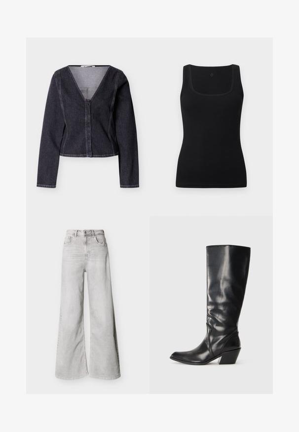 Dunkelblaue Jeansjacke in Cropped-Länge mit langen Ärmeln, V-Ausschnitt und Knopfleiste vorne. Verfügt über kontrastierende Nähte und eine figurbetonte Passform.; Schwarzes eng anliegendes Tanktop aus glattem Stoff, mit quadratischem Ausschnitt und breiten Trägern; keine sichtbaren Muster oder Akzente.; Hellgraue Jeans mit weitem Bein aus Denim, mit hoher Taille, vorderen Taschen und Knopfverschluss. Glatte Textur mit einem dezenten ausgewaschenen Look.; Schwarze Leder-Stiefel bis zum Knie mit spitzem Zeh, angularer Ferse und glatter Textur. Verfügt über einen dezenten gesteppten Akzent an der Seite.