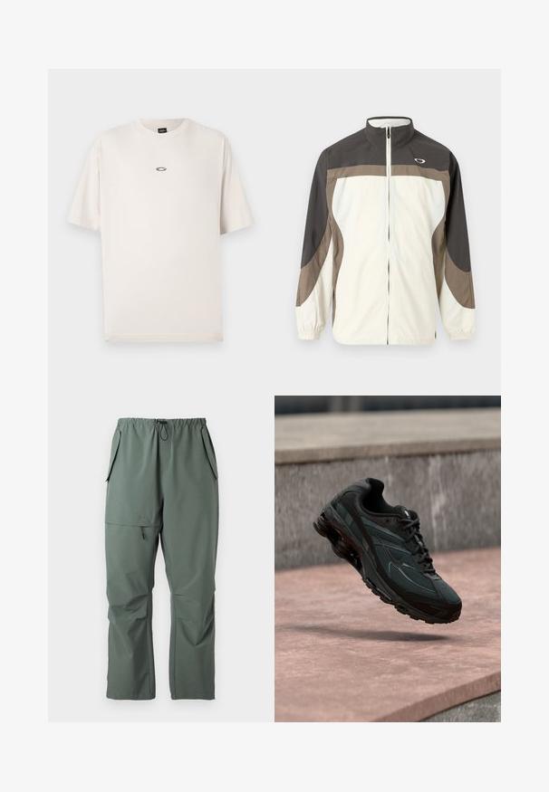 Lichte jas in wit en donker taupe, met een hoge kraag, een ritssluiting aan de voorkant, elastische manchetten en gebogen designelementen.; Oakley RISE TEE - T-shirt basic - mist; Groene, lichte broeken met een elastische tailleband, trekkoord en meerdere zakken. Gladde textuur met een ontspannen, losse pasvorm.; Zwarte atletische sneaker met zichtbare luchtgeveerde tussenzool die boven een roze stenen oppervlak zweeft met een grijze stenen muur op de achtergrond.