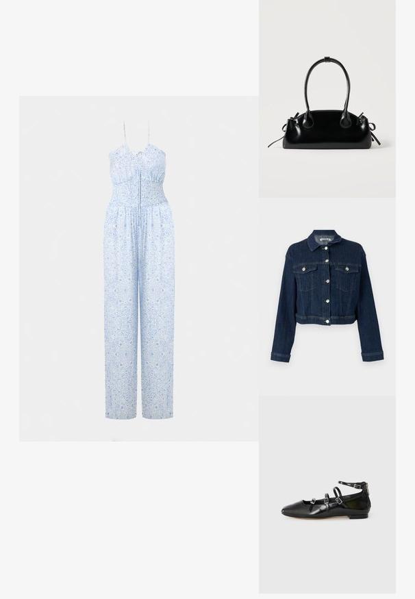 Mørkeblå denimjakke med et cropped design, knaplukning, to brystlommer og sølvhardware detaljer. Struktureret stof med vertikale syninger.; Lyseblå jumpsuit med justerbare stropper, smocket bodice og bukser med brede ben, prydet med et detaljeret blomstermønster. Blød stofstruktur.; ALDO NELTA - Ballerinasko - black; Lille sort blank håndtaske med to lange håndtag og snøre-detaljer i siden på en ensfarvet lys baggrund.