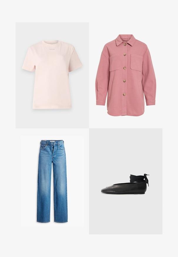 Langere mouwstoffering van stofy roze wol met knopen aan de voorkant, twee borstflapzakken, zijzakken en een klassieke kraag.; Lichtroze katoenen t-shirt met een ronde hals, korte mouwen, en een klein "Calvin Klein" logo gedrukt in een bijpassende kleur op de borst.; Blauwe spijkerbroek met een hoge taille, wijde pijpen en vijf-pocketstijl. Voorzien van een knopenfly en een vervaagde afwerking.; Zwarte leren balletschoenen met een spitse neus, voorzien van een geweven stoffen enkelband en een kleine decoratieve accent op de neus.