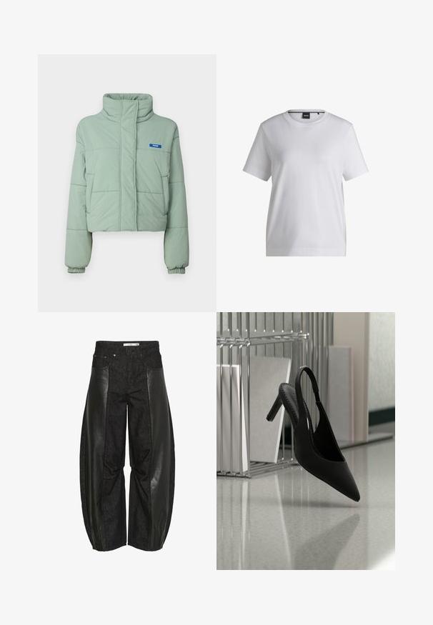 Polstret kort jakke i lys grøn med høj krave, sidelommer, elastiske manchetter og et blåt label på venstre bryst.; Hvid bomulds t-shirt med rund halsudskæring, korte ærmer og en afslappet pasform. Har et lille mærke nær kraven.; Sorte bukser med en blanding af denim og læderpaneler. Designet er bredt i benene med teksturvariationer, hvilket skaber en tydelig visuel kontrast.; Sort spids tå slingback højhælet sko svævende i luften over en skinnende gulv med stablede ringbind i baggrunden.