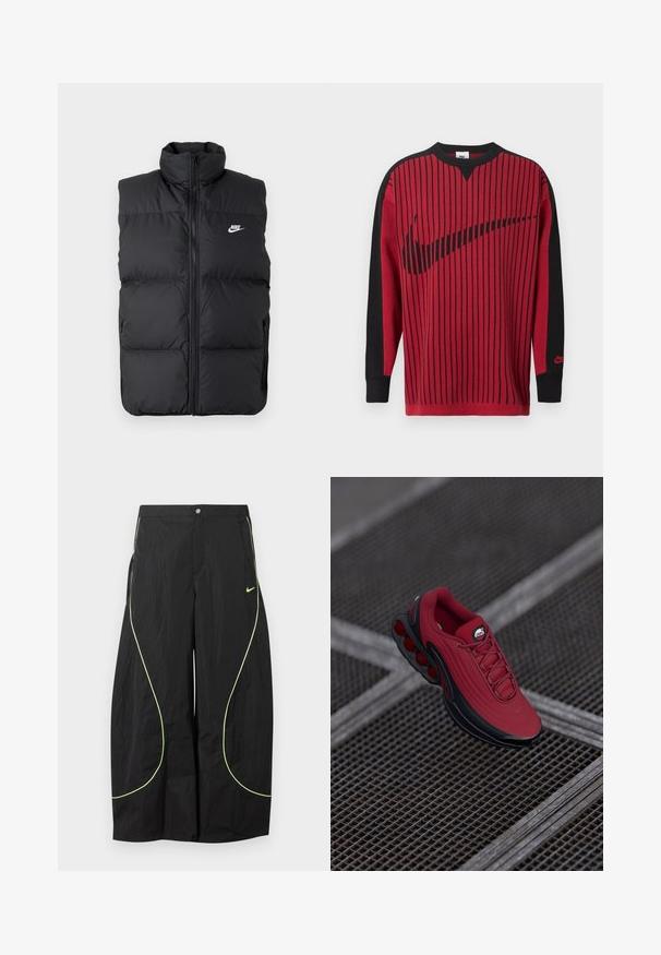 Sort polstret ærmeløs jakke med høj krave, lynlås foran, sidelommer og hvidt Nike-logo på brystet.; Rød strikket sweatshirt med sorte lodrette striber, sorte ærmer og en sort Nike-logo. Har rund hals og ribbet ærmekanter.; Sorte Nike bukser med brede ben, med neon-grøn buet piping og lille Nike swoosh-logo på højre lår, knap- og lynlåslukning i taljen.; Rød sneakers med en tekstureret overdel, der har sorte accenter og et fremtrædende design med luftcushioning sål. Snørebånd og logo er synlige ovenpå.