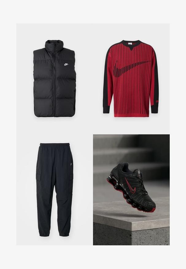 Sort polstret ærmeløs jakke med høj krave, lynlås foran, sidelommer og hvidt Nike-logo på brystet.; Rød strikket sweatshirt med sorte lodrette striber, sorte ærmer og en sort Nike-logo. Har rund hals og ribbet ærmekanter.; Sorte cargo-bukser lavet af letvægtsmateriale, der har en elastisk talje, sidelommer og en afslappet pasform med elastiske manchetter.; Sort og rød Nike atletiksko med synlig fjederlignende sål balancerende på kanten af et betontrin.