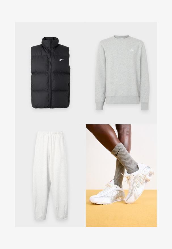 Zwarte gewatteerde mouwloze jas met hoge kraag, rits aan de voorkant, zijzakken en wit Nike-logo op de borst.; Grijze sweatvest gemaakt van zacht fleece materiaal, met geribde manchetten en zoom, en een klein wit Nike-logo op de borst.; Lichtgrijze sweatpants gemaakt van zachte stof, met een elastische tailleband, taps tolopende benen en enkelmanchetten. Eenvoudig ontwerp zonder patronen.; Nike sneakers in het wit met zilveren accenten, met textuurpanelen en perforaties. Gecombineerd met grijze geribde sokken, tegen een gele achtergrond.
