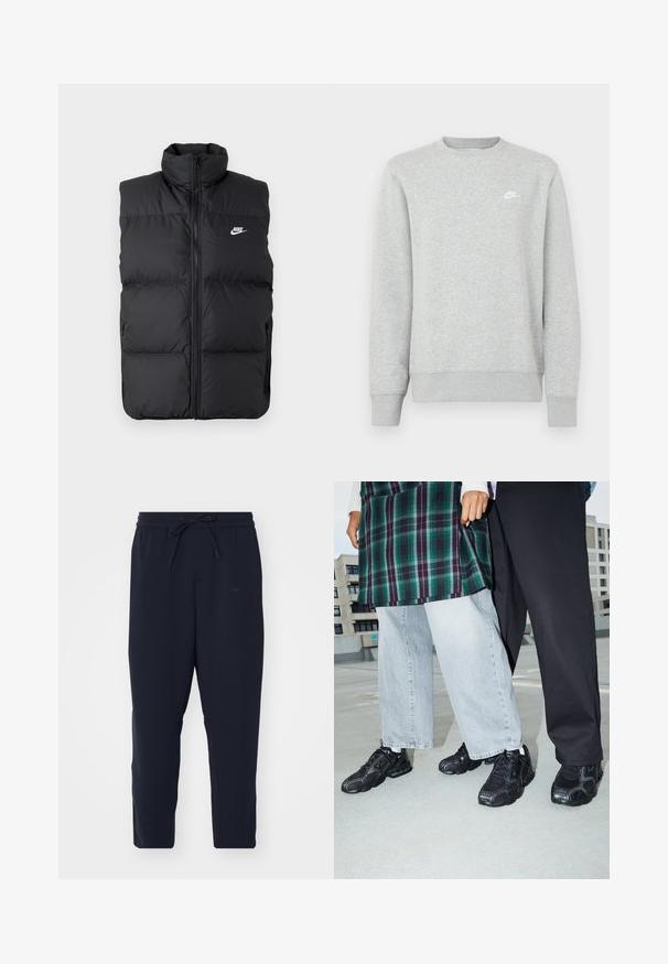 Zwarte gewatteerde mouwloze jas met hoge kraag, rits aan de voorkant, zijzakken en wit Nike-logo op de borst.; Grijze sweatvest gemaakt van zacht fleece materiaal, met geribde manchetten en zoom, en een klein wit Nike-logo op de borst.; Navy joggingsbroek van zachte stof, met een elastische tailleband met trekkoord, taps toelopende pijpen en zijzakken.; Zwarte sportieve schoenen met mesh- en rubberaccenten. Draagt een lichtgrijze wijde spijkerbroek en een groen geruit shirt. Effen achtergrond.