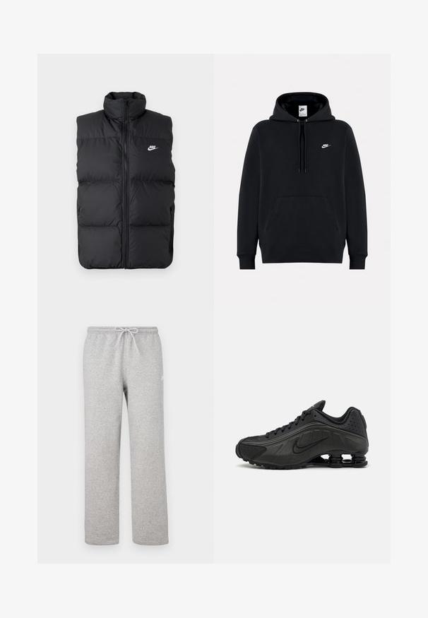Schwarze gepolsterte ärmellose Jacke mit hohem Kragen, Vorderreißverschluss, Seitentaschen und weißem Nike-Logo auf der Brust.; Schwarzer Nike-Hoodie mit Fronttasche, Kapuze mit Kordelzug und kleinem weißen Nike-Logo auf der linken Brust.; Graue Jogginghosen mit einem elastischen Bund und Kordelzug. Hergestellt aus weichem Stoff, zeichnen sie sich durch gerade Beine und ein dezentes Logodetail aus.; Schwarze Laufschuhe mit einem glatten synthetischen Obermaterial, durchbrochenen Akzenten, strukturierten Seitenpaneelen und einer ausgeprägten federnden Sohle.