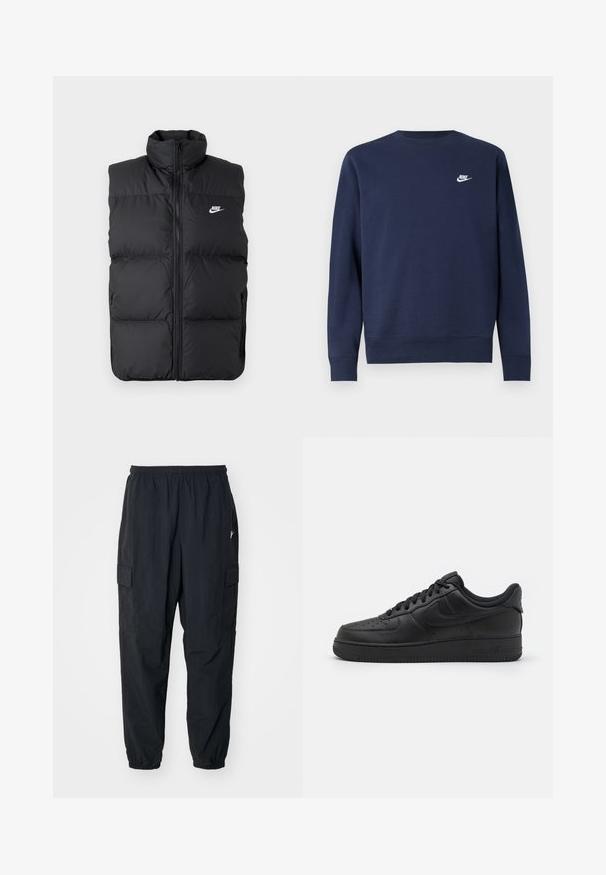 Sort polstret ærmeløs jakke med høj krave, lynlås foran, sidelommer og hvidt Nike-logo på brystet.; Marineblå sweatshirt lavet af blødt stof, med rund halsudskæring og lange ærmer samt en lille hvid Nike-logo på brystet.; Sorte cargo-bukser lavet af letvægtsmateriale, der har en elastisk talje, sidelommer og en afslappet pasform med elastiske manchetter.; Nike Sportswear AIR FORCE 1 07 FLYEASE - Sneakers - black