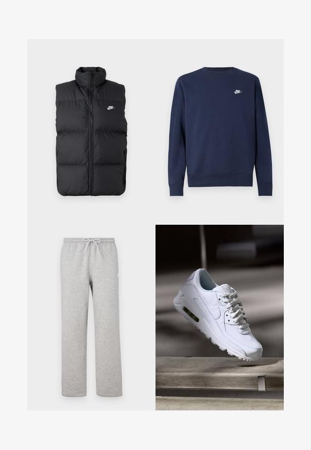 Sort polstret ærmeløs jakke med høj krave, lynlås foran, sidelommer og hvidt Nike-logo på brystet.; Marineblå sweatshirt lavet af blødt stof, med rund halsudskæring og lange ærmer samt en lille hvid Nike-logo på brystet.; Grå joggingbukser med elastisk talje og snor. Fremstillet af blødt stof, de har lige ben og diskret logodetalje.; Hvide lædersneakers med teksturerede overflader, polstret krave og synlig luftpolstring i sålen. Har snørrebånd og et minimalistisk design.