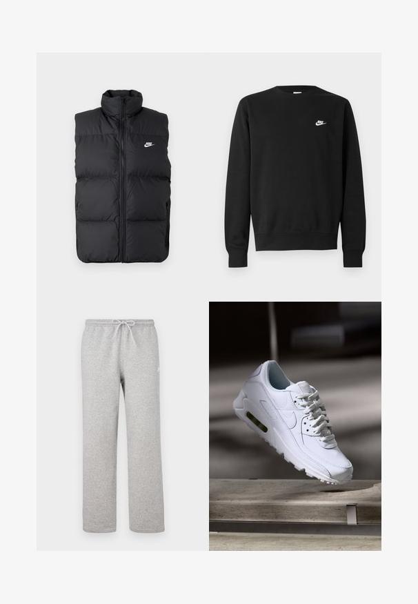 Chaleco sin mangas acolchado negro con cuello alto, cierre frontal, bolsillos laterales y logo de Nike en blanco en el pecho.; Sudadera negra de algodón, con cuello redondo, mangas largas y un pequeño logo blanco de Nike en el pecho superior izquierdo.; Pantalones deportivos grises con cintura elástica y cordón ajustable. Fabricados con tela suave, cuentan con piernas rectas y un sutil detalle de logotipo.; Zapatilla blanca de piel con superficies texturizadas, cuello acolchado y amortiguación de aire visible en la suela. Presenta cordones y un diseño minimalista.