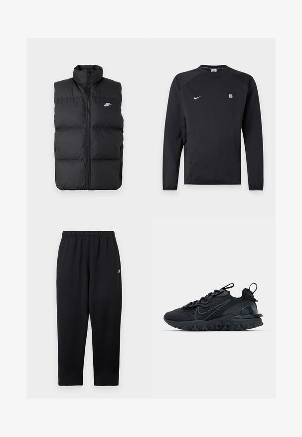 Melna polsterēta bezpiedurkņu jaka ar augstu apkakli, priekšējo rāvējslēdzēju, sānu kabatām un baltu Nike logo uz krūtīm.; Melna Nike sporta džemperis ar garām piedurknēm un apaļu kakla izgriezumu, balts Nike swoosh uz krūtīm un mazs kvadrātveida logotips labajā pusē.; Melnas sporta bikses ar elastīgu jostasvietu un nelielu baltu logotipu kreisajā pusē. Izgatavotas no mīksta, viegla auduma. Taisnas kājas dizains.; Melnas sporta kurpes ar elpojošu sieta augšdaļu, teksturētām akcentiem un viļņotu gumijas zoli. Iekļauj atstarojošu logotipu un šņorēšanas sistēmu.