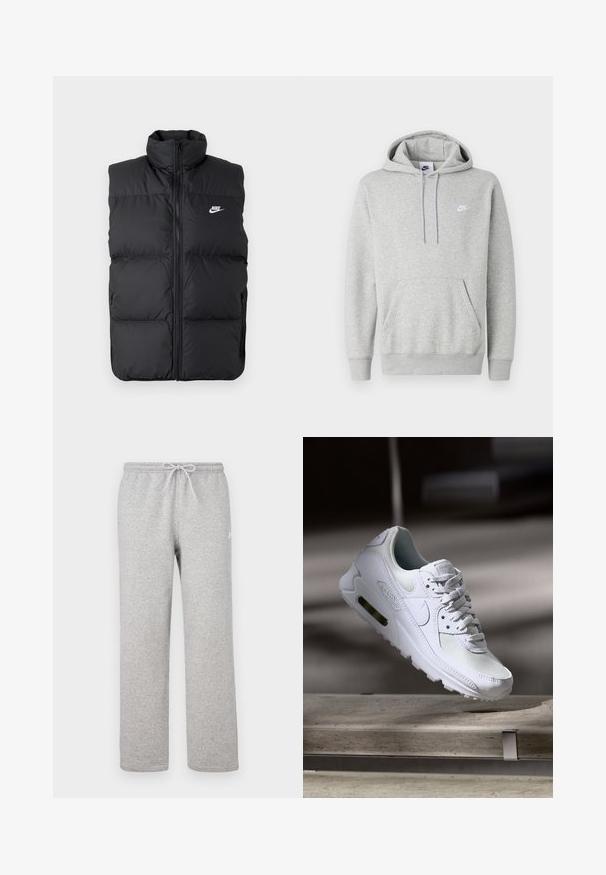 Zwarte gewatteerde mouwloze jas met hoge kraag, rits aan de voorkant, zijzakken en wit Nike-logo op de borst.; Lichtgrijze hoodie van zachte stof, met een buidelzak, capuchon met trekkoord en een klein wit logo op de borst.; Grijze joggingbroek met een elastische tailleband en trekkoord. Gemaakt van zachte stof, met rechte pijpen en subtiel logodetail.; Witte Nike Air Max 90 sneaker met een bovenwerk van mesh en leer, een geperforeerde teenbox en een zichtbare luchtunit in de hiel.