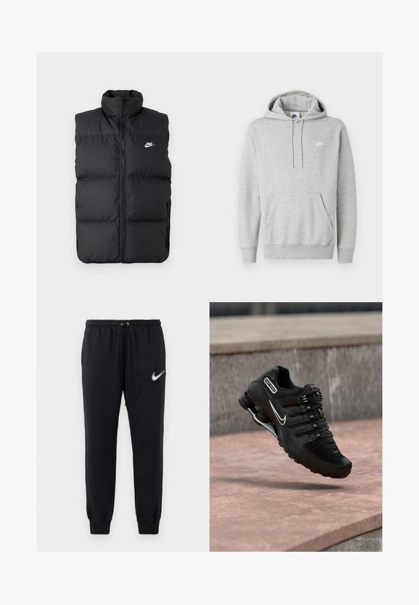 Schwarze gepolsterte ärmellose Jacke mit hohem Kragen, Vorderreißverschluss, Seitentaschen und weißem Nike-Logo auf der Brust.; Hellgrauer Hoodie aus weichem Stoff mit Kängurutasche, Kapuze mit Kordelzug und kleinem weißem Logo auf der Brust.; Schwarze Nike-Jogginghose mit elastischem Bund und Kordelzug. Sie hat schmal zulaufende Beine und ein weißes gesticktes Logo am linken Oberschenkel.; Schwarzer Nike Shox Laufschuh mit weißem Swoosh-Logo, in der Luft über einer rosafarbenen Betonfläche vor einem grauen Steinmauer-Hintergrund.