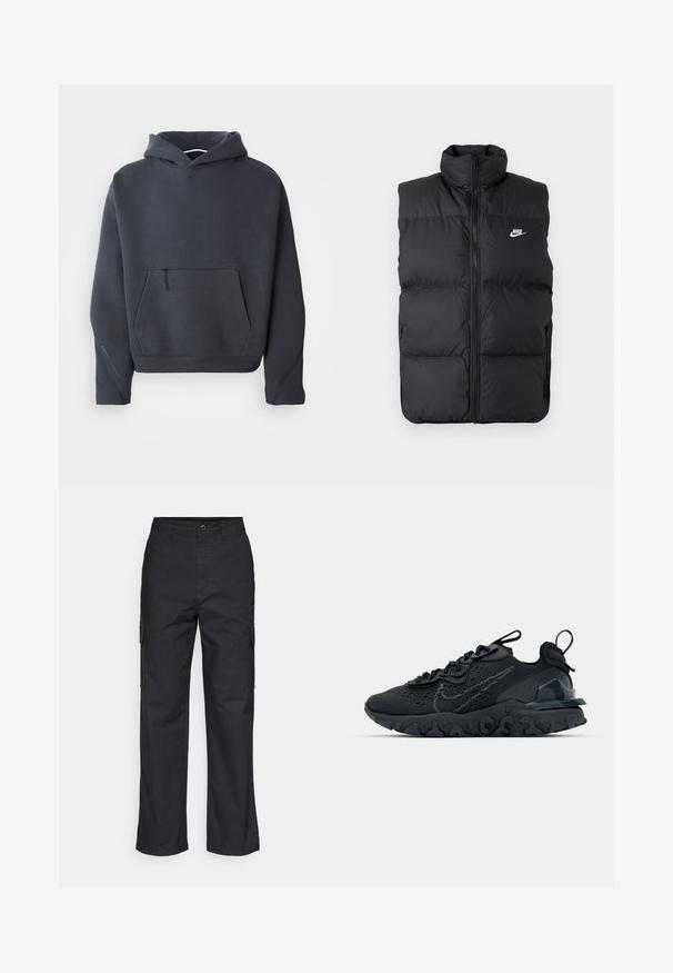 Sort polstret ærmeløs jakke med høj krave, lynlås foran, sidelommer og hvidt Nike-logo på brystet.; Mørkegrå hættebluse i blødt stof, med en frontlomme med lynlås, ribbet manchetter og et lille logo på brystet.; Sorte cargo bukser med lige ben i designet, der har sidelommer og et tekstureret stof. Knaplukning i taljen for en sikker pasform.; Sort atletisk sko med en åndbar mesh-overdel, teksturerede detaljer og en bølget gummisål. Har reflekterende logo og snørresystem.