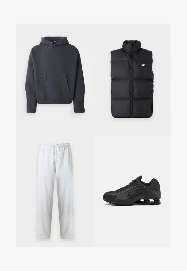 Sort polstret ærmeløs jakke med høj krave, lynlås foran, sidelommer og hvidt Nike-logo på brystet.; Mørkegrå hættebluse i blødt stof, med en frontlomme med lynlås, ribbet manchetter og et lille logo på brystet.; Grå joggingbukser lavet af blødt stof med elastisk talje og snøre samt lige ben. Ingen mønstre eller detaljer synlige.; Sorte løbesko med en glat syntetisk overdel, perforerede detaljer, teksturerede sidedele og en distinkt fjedrende sål.