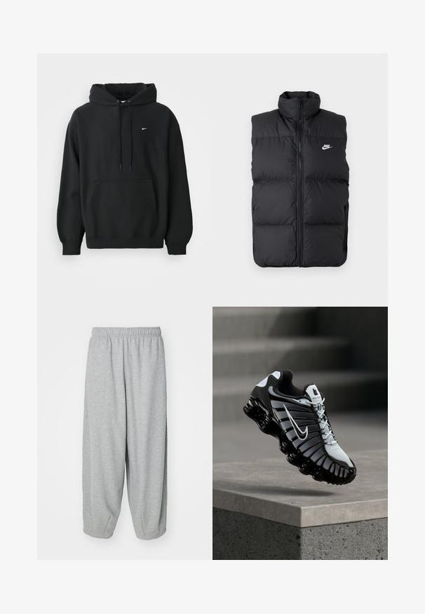 Sort polstret ærmeløs jakke med høj krave, lynlås foran, sidelommer og hvidt Nike-logo på brystet.; Sort Nike hoodie med frontlomme, snor i hætten, ribbede manchetter og lille hvid Nike swoosh-logo på brystet.; Lys grå, løstsiddende sweatpants lavet af blød stof. Elastisk talje og manchetter ved anklerne. Enkel og udekoreret design.; Sort og hvid Nike løbesko svævende over en betonoverflade med en trappet stens baggrund.