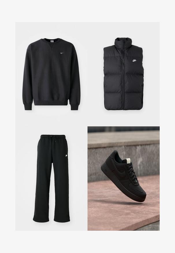 Schwarze gepolsterte ärmellose Jacke mit hohem Kragen, Vorderreißverschluss, Seitentaschen und weißem Nike-Logo auf der Brust.; Schwarzer Nike-Sweatshirt mit Rundhalsausschnitt und langen Ärmeln, mit dem ikonischen Swoosh-Logo in Weiß auf der Brust.; Schwarze Jogginghose aus weichem Material, mit einem elastischen Bund und verstellbarem Kordelzug sowie einem kleinen Logo-Detail an der Seite.; Schwarzer Nike Air Force 1 Sneaker, der über einer rosa Betonkante mit grauem Stein-Hintergrund schwebt und Seiten- sowie Oberseiten-Details zeigt.