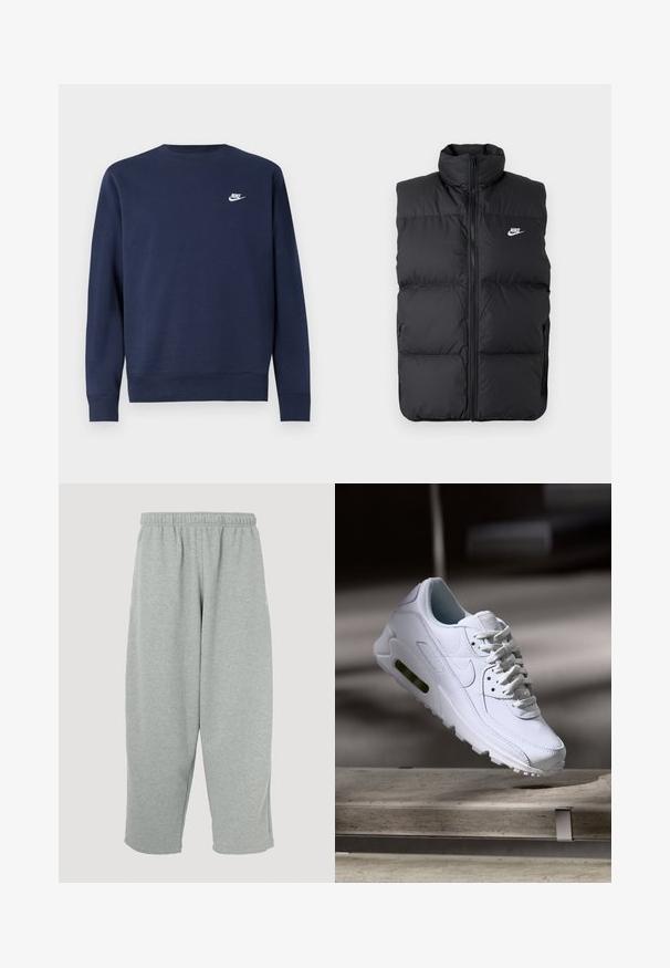 Chaleco sin mangas acolchado negro con cuello alto, cierre frontal, bolsillos laterales y logo de Nike en blanco en el pecho.; Sudadera azul marino hecha de tela suave, con cuello redondo y mangas largas, con un pequeño logo blanco de Nike en el pecho.; Pantalones deportivos gris claro con cintura elástica, diseño de pernera ajustada y textura suave. Sin marcas visibles ni patrones.; Zapatilla blanca de piel con superficies texturizadas, cuello acolchado y amortiguación de aire visible en la suela. Presenta cordones y un diseño minimalista.