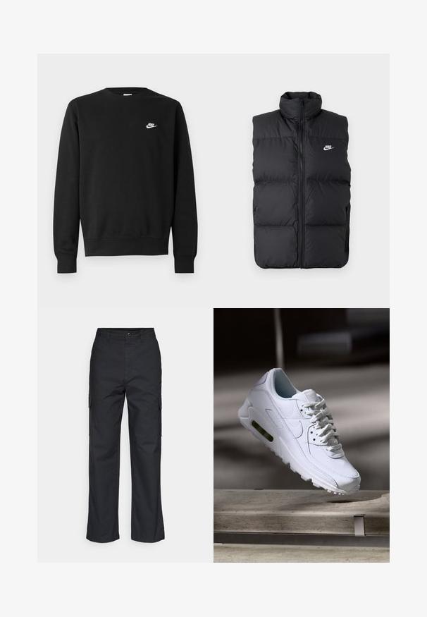 Zwarte gewatteerde mouwloze jas met hoge kraag, rits aan de voorkant, zijzakken en wit Nike-logo op de borst.; Zwarte sweater van katoen, met een ronde hals, lange mouwen en een klein wit Nike-logo aan de bovenkant van de linkerborst.; Zwarte cargobroek met een rechte pijpdesign, voorzien van zijzakken en een geweven stof. Knopsluiting in de taille voor een veilige pasvorm.; Witte leren sneaker met gestructureerde oppervlakken, gevoerde kraag en zichtbare luchtbescherming in de zool. Heeft veters en een minimalistisch ontwerp.